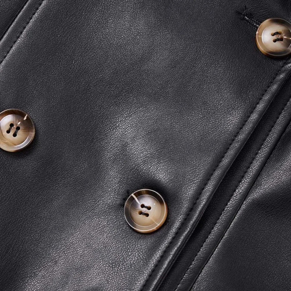 Risissida Women Mid Length Faux Leather Trench Coat Winter Belted Long Jacket - Picture 8 of 8